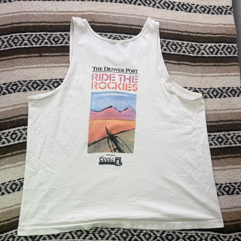 Vintage 90's Denver Post Ride the Rockies White Cycling Biking Tank Top Shirt XL